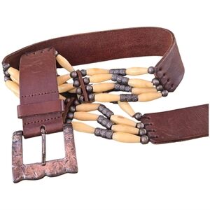 Vintage Bone Beaded Brown Leather and Cream Southwestern Belt M